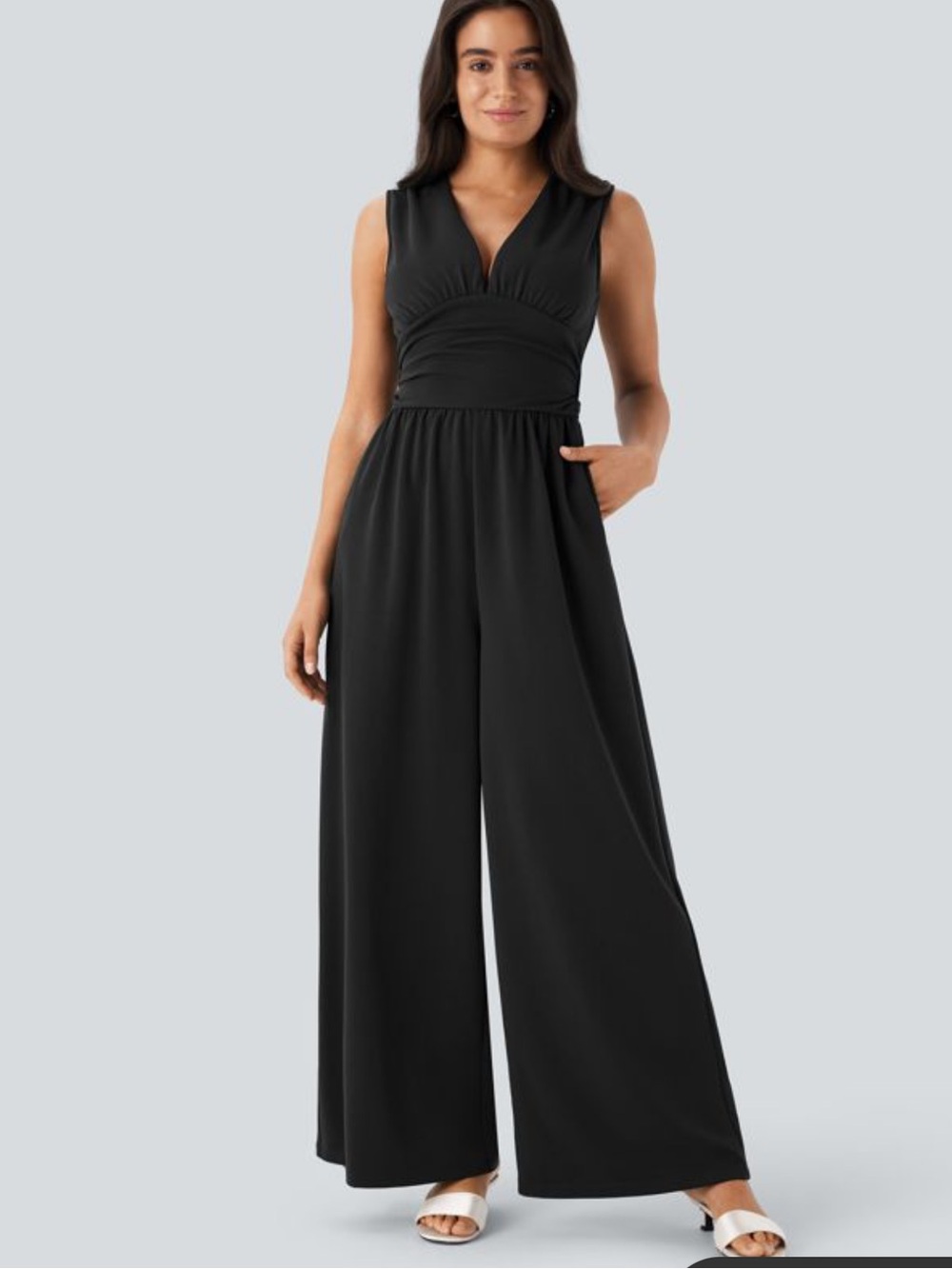 HALARA Black Sleeveless V-Neck Wide‑Leg Jumpsuit with Pockets